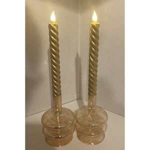 2 Vtg Nordstrom Amber Ribbed Candlestick Holders W/battery Operated Gold Candles
